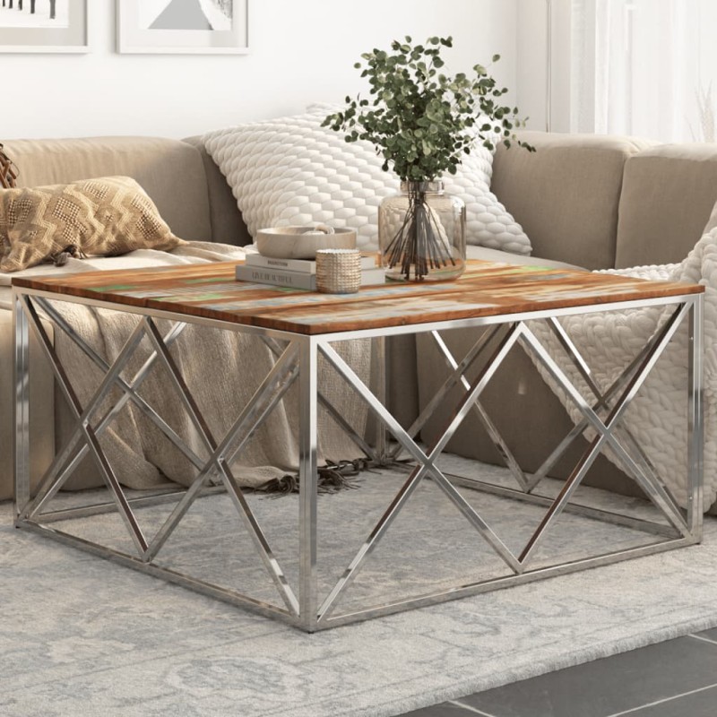 vidaXL Couchtisch Silbern Edelstahl und Altholz Massiv vidaXL Couchtisch Silbern Edelstahl und Altholz Massiv
