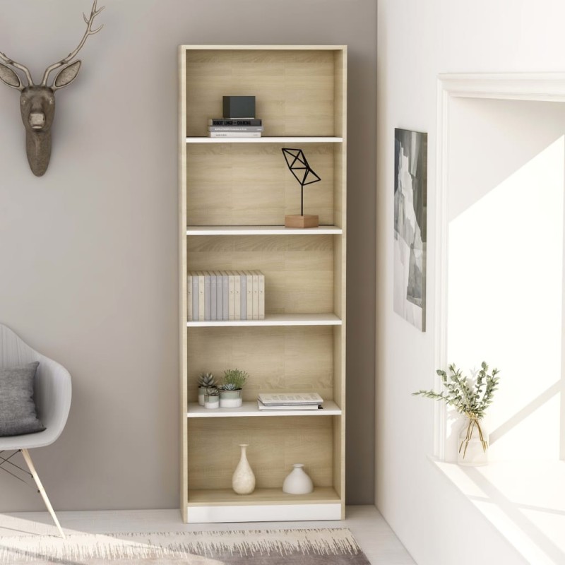 vidaXL Bücherregal 5 Fächer Weiß Sonoma-Eiche 60x24x175 Holzwerkstoff vidaXL Bücherregal 5 Fächer Weiß Sonoma-Eiche 60x24x175 Holzwerkstoff