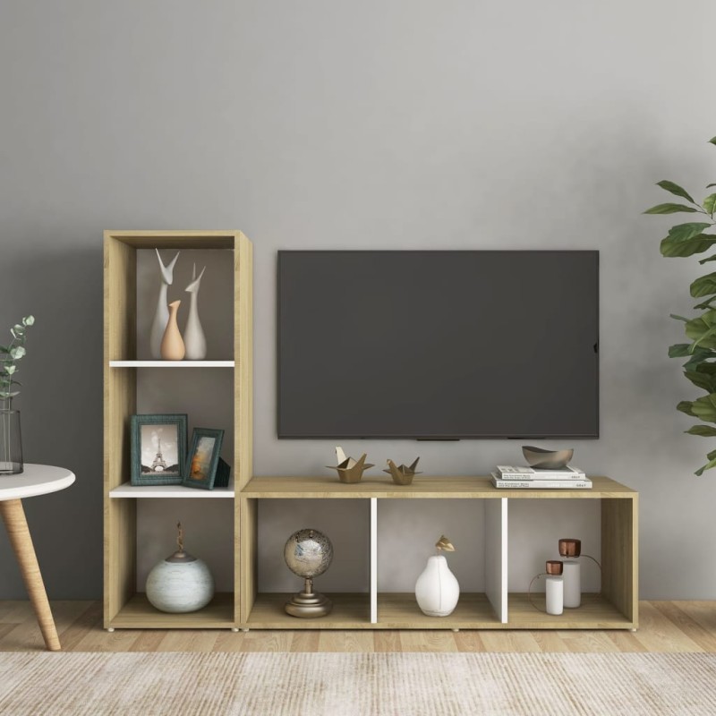 vidaXL TV-Schränke 2 Stk. Weiß Sonoma-Eiche 107x35x37 cm Holzwerkstoff vidaXL TV-Schränke 2 Stk. Weiß Sonoma-Eiche 107x35x37 cm Holzwerkstoff