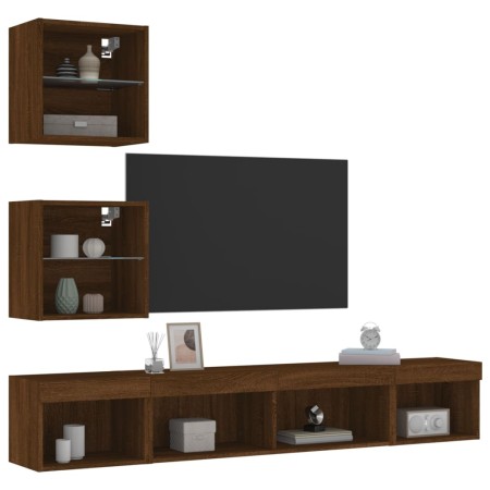 vidaXL 5-tlg. Wohnwand mit LED-Beleuchtung Braun Eichen-Optik