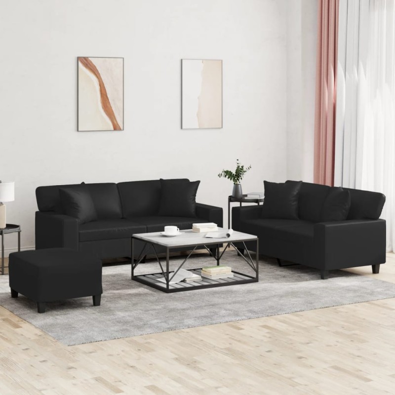 vidaXL 3-tlg. Sofagarnitur mit Kissen Schwarz Kunstleder vidaXL 3-tlg. Sofagarnitur mit Kissen Schwarz Kunstleder