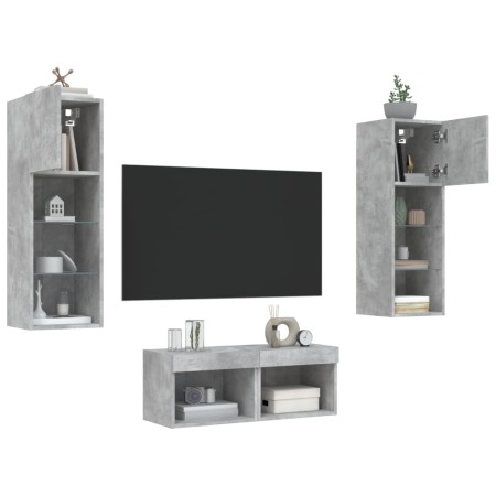 vidaXL 4-tlg. TV-Wohnwand mit LED-Leuchten Betongrau