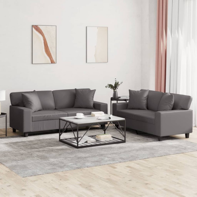 vidaXL 2-tlg. Sofagarnitur mit Kissen Grau Kunstleder vidaXL 2-tlg. Sofagarnitur mit Kissen Grau Kunstleder