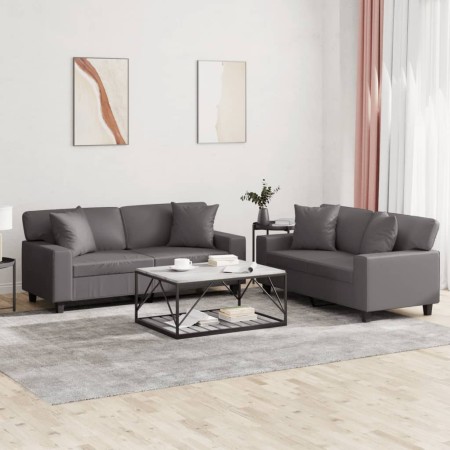 vidaXL 2-tlg. Sofagarnitur mit Kissen Grau Kunstleder