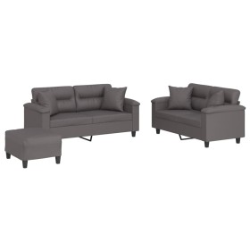 vidaXL 3-tlg. Sofagarnitur mit Kissen Grau Kunstleder