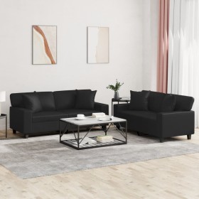 vidaXL 2-tlg. Sofagarnitur mit Kissen Schwarz Kunstleder