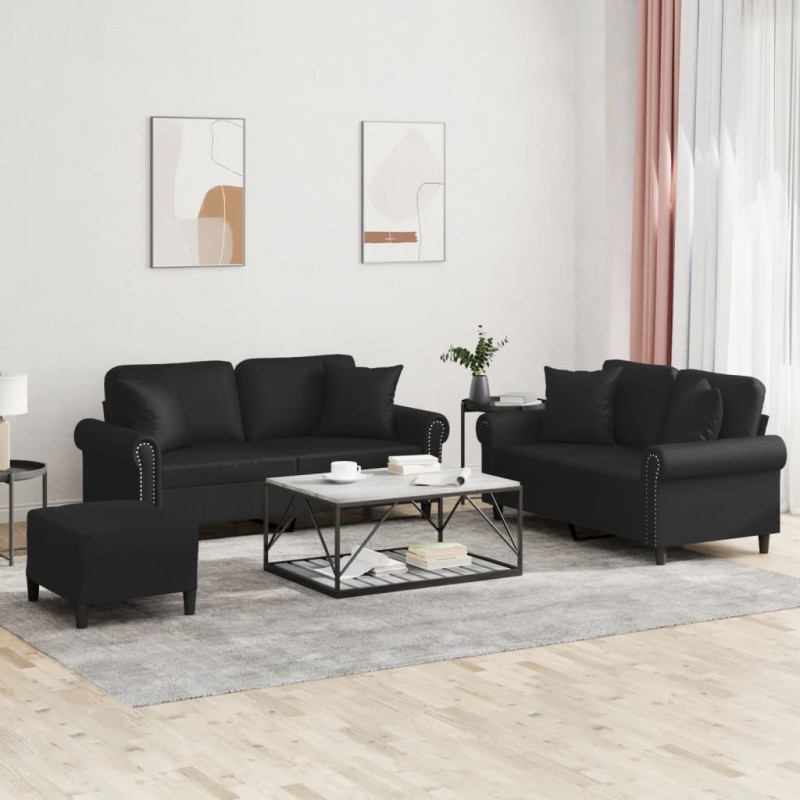 vidaXL 3-tlg. Sofagarnitur mit Kissen Schwarz Kunstleder vidaXL 3-tlg. Sofagarnitur mit Kissen Schwarz Kunstleder