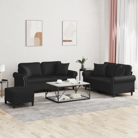 vidaXL 3-tlg. Sofagarnitur mit Kissen Schwarz Kunstleder