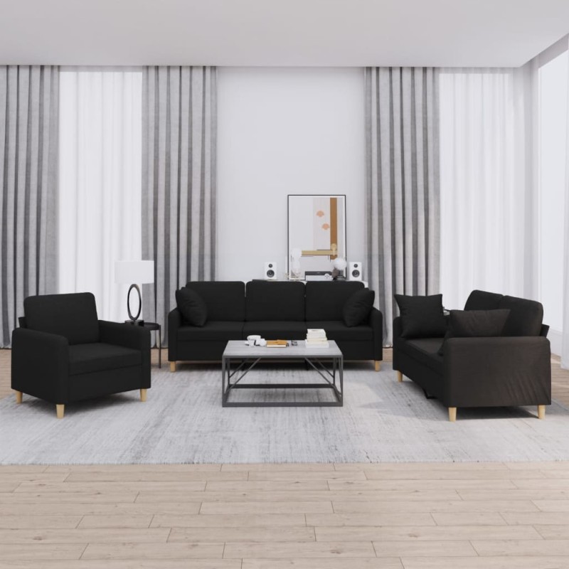 vidaXL 3-tlg. Sofagarnitur mit Kissen Schwarz Stoff vidaXL 3-tlg. Sofagarnitur mit Kissen Schwarz Stoff