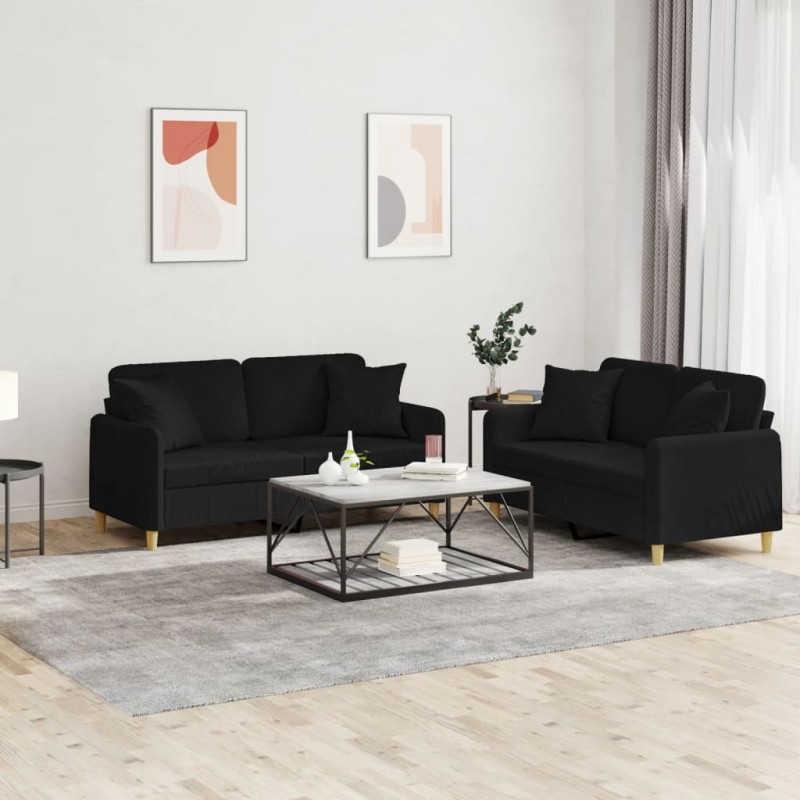 vidaXL 2-tlg. Sofagarnitur mit Kissen Schwarz Stoff vidaXL 2-tlg. Sofagarnitur mit Kissen Schwarz Stoff