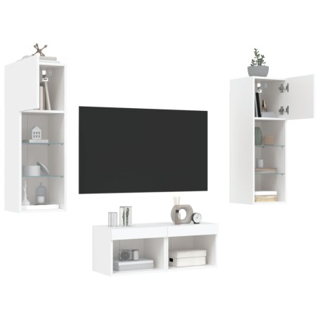vidaXL 4-tlg. TV-Wohnwand mit LED-Leuchten Weiß