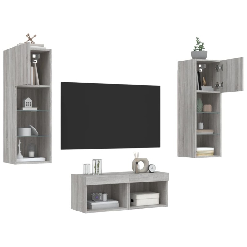 vidaXL 4-tlg. TV-Wohnwand mit LED-Leuchten Grau Sonoma vidaXL 4-tlg. TV-Wohnwand mit LED-Leuchten Grau Sonoma