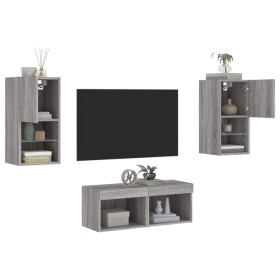 vidaXL 4-tlg. TV-Wohnwand mit LED-Leuchten Grau Sonoma