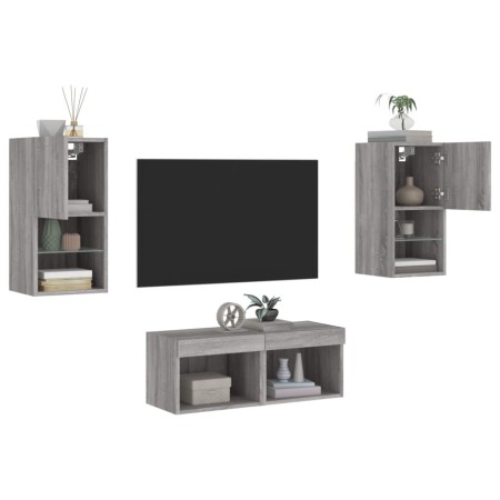 vidaXL 4-tlg. TV-Wohnwand mit LED-Leuchten Grau Sonoma