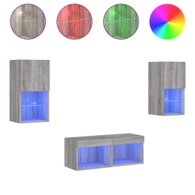 vidaXL 4-tlg. TV-Wohnwand mit LED-Leuchten Grau Sonoma