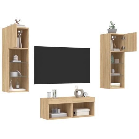 vidaXL 4-tlg. TV-Wohnwand mit LED-Leuchten Sonoma-Eiche