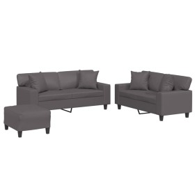 vidaXL 3-tlg. Sofagarnitur mit Kissen Grau Kunstleder