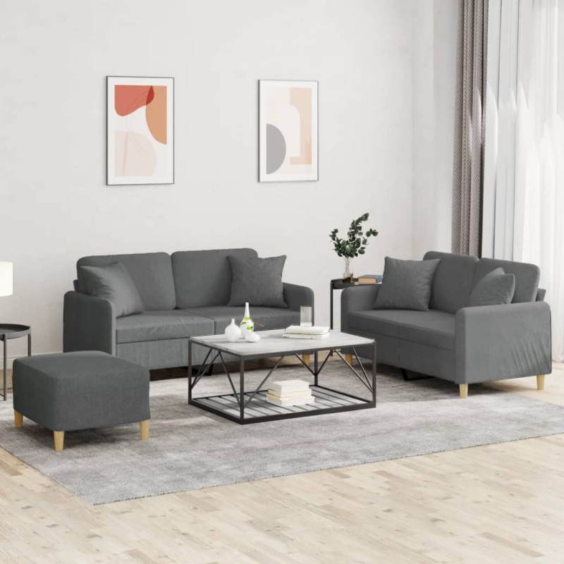 vidaXL 3-tlg. Sofagarnitur mit Kissen Dunkelgrau Stoff vidaXL 3-tlg. Sofagarnitur mit Kissen Dunkelgrau Stoff