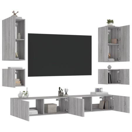 vidaXL 6-tlg. TV-Wohnwand mit LED-Leuchten Grau Sonoma