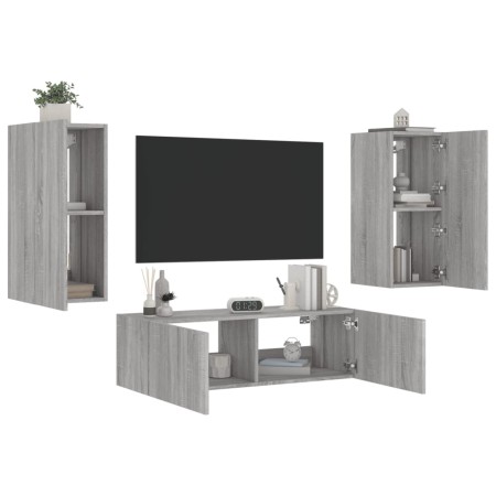 vidaXL 3-tlg. TV-Wohnwand mit LED-Leuchten Grau Sonoma