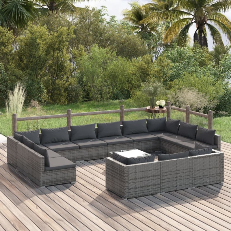vidaXL 14-tlg. Garten-Lounge-Set mit Kissen Grau Poly Rattan vidaXL 14-tlg. Garten-Lounge-Set mit Kissen Grau Poly Rattan