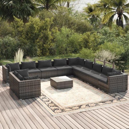vidaXL 12-tlg. Garten-Lounge-Set mit Kissen Grau Poly Rattan