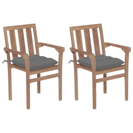 Gartenstühle 2 Stk. mit Grauen Kissen Massivholz Teak