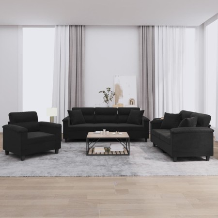 vidaXL 3-tlg. Sofagarnitur mit Kissen Schwarz Mikrofasergewebe