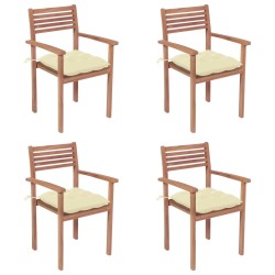 Gartenstühle 4 Stk. mit Cremeweißen Kissen Massivholz Teak