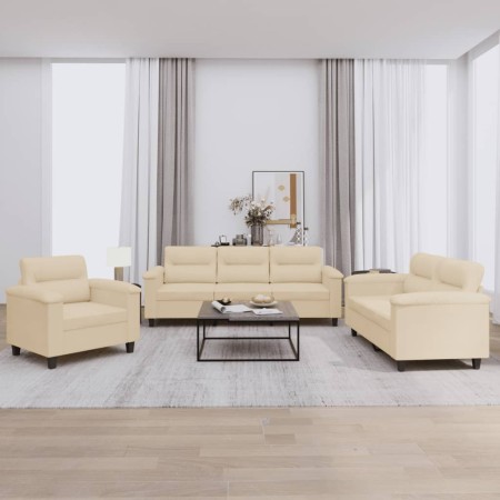 vidaXL 3-tlg. Sofagarnitur mit Kissen Creme Mikrofasergewebe