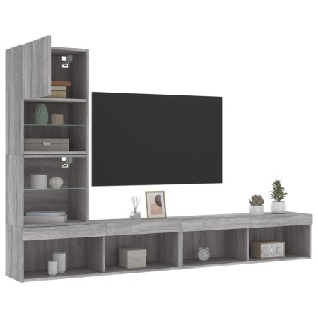 vidaXL 4-tlg. Wohnwand mit LED-Beleuchtung Grau Sonoma Holzwerkstoff