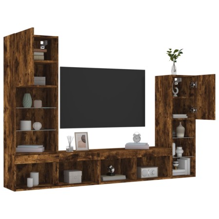 vidaXL 4-tlg. Wohnwand mit LED-Beleuchtung Räuchereiche Holzwerkstoff