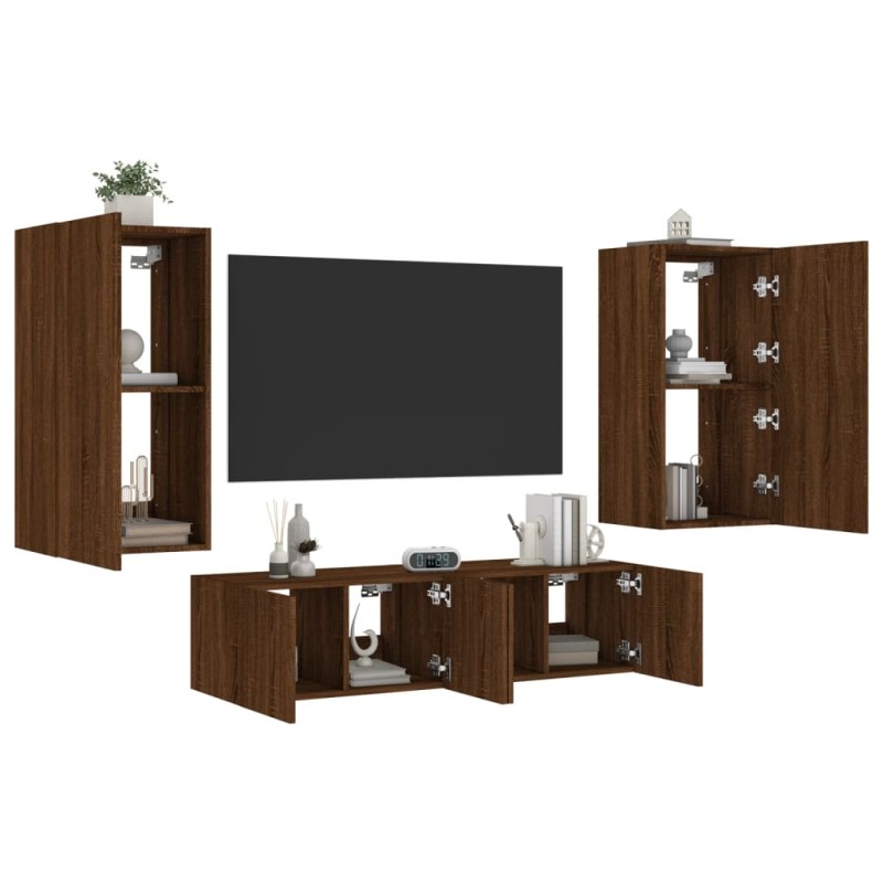 vidaXL 4-tlg. Wohnwand mit LED-Beleuchtung Braun Eiche Holzwerkstoff vidaXL 4-tlg. Wohnwand mit LED-Beleuchtung Braun Eiche Holzwerkstoff