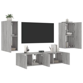 vidaXL 4-tlg. Wohnwand mit LED-Beleuchtung Grau Sonoma Holzwerkstoff