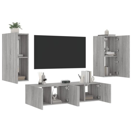 vidaXL 4-tlg. Wohnwand mit LED-Beleuchtung Grau Sonoma Holzwerkstoff