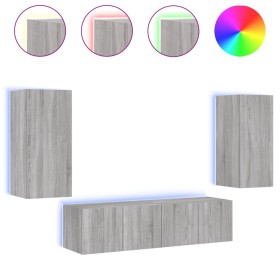 vidaXL 4-tlg. Wohnwand mit LED-Beleuchtung Grau Sonoma Holzwerkstoff