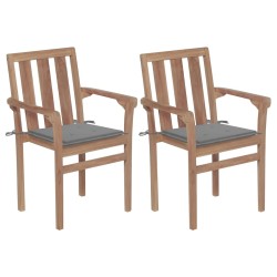 vidaXL Gartenstühle 2 Stk. mit Grauen Kissen Teak Massivholz 