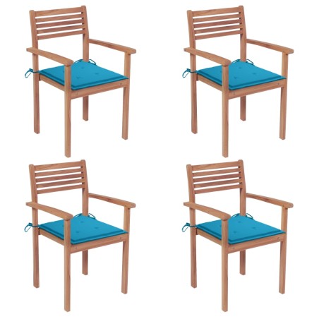Gartenstühle 4 Stk. mit Blauen Kissen Massivholz Teak