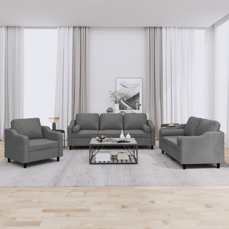 vidaXL 3-tlg. Sofagarnitur mit Kissen Dunkelgrau Stoff vidaXL 3-tlg. Sofagarnitur mit Kissen Dunkelgrau Stoff