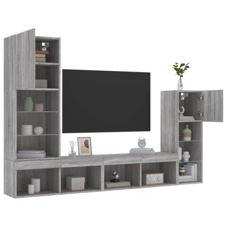 vidaXL 4-tlg. Wohnwand mit LED-Beleuchtung Grau Sonoma Holzwerkstoff