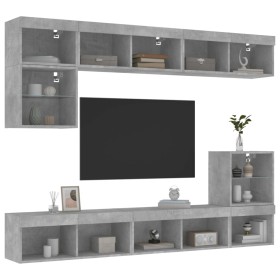 vidaXL 8-tlg. Wohnwand mit LED-Beleuchtung Betongrau Holzwerkstoff