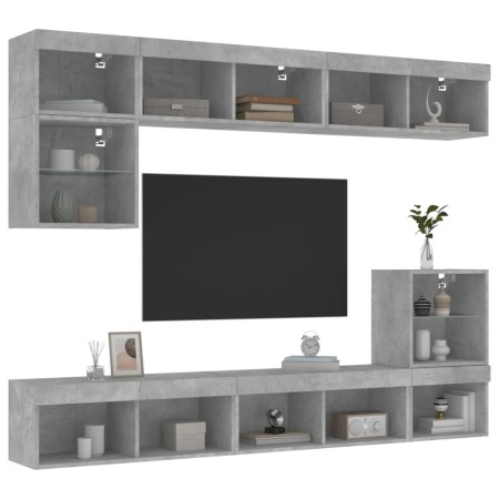 vidaXL 8-tlg. Wohnwand mit LED-Beleuchtung Betongrau Holzwerkstoff