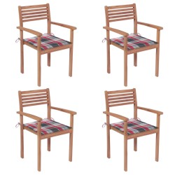 Gartenstühle 4 Stk. Rote Karomuster-Kissen Massivholz Teak