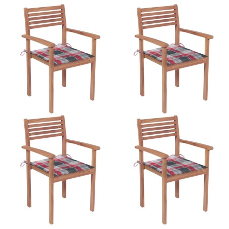Gartenstühle 4 Stk. Rote Karomuster-Kissen Massivholz Teak
