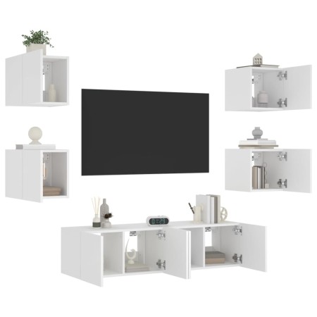 vidaXL 6-tlg. Wohnwand mit LED-Beleuchtung Weiß Holzwerkstoff