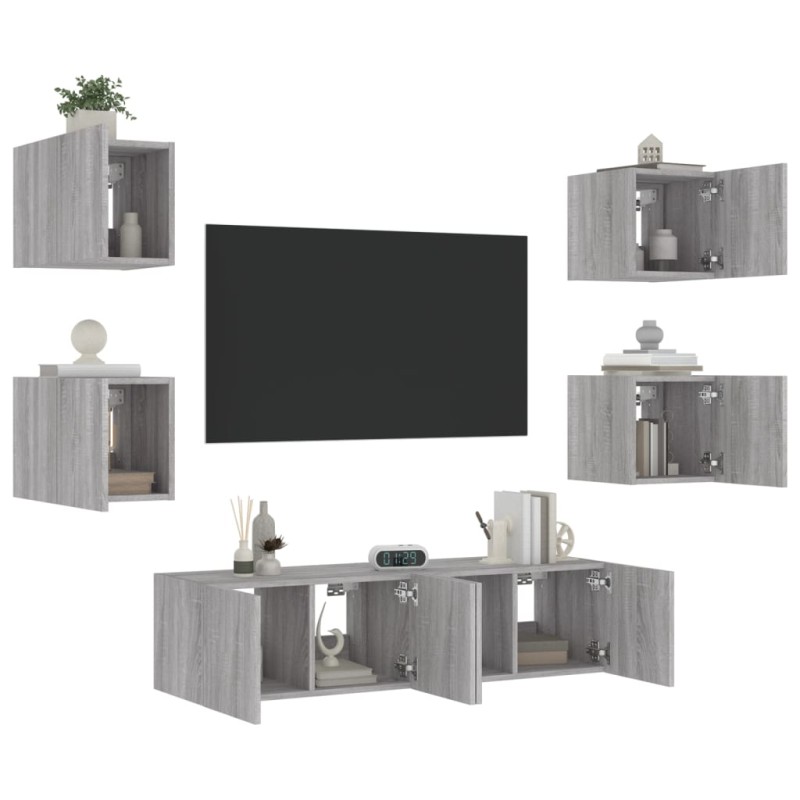 vidaXL 6-tlg. Wohnwand mit LED-Beleuchtung Grau Sonoma Holzwerkstoff vidaXL 6-tlg. Wohnwand mit LED-Beleuchtung Grau Sonoma Holzwerkstoff