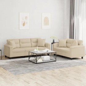 vidaXL 2-tlg. Sofagarnitur mit Kissen Creme Mikrofasergewebe