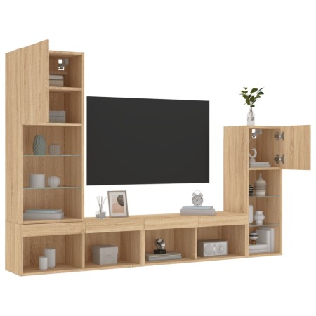 vidaXL 4-tlg. Wohnwand mit LED-Beleuchtung Sonoma-Eiche Holzwerkstoff