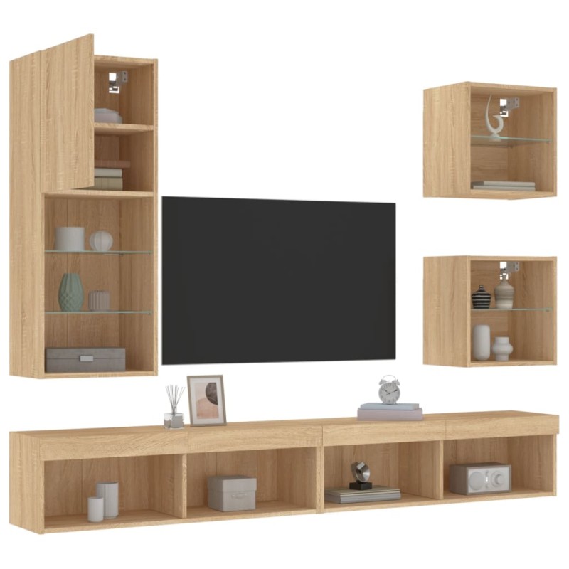 vidaXL 5-tlg. Wohnwand mit LED-Beleuchtung Sonoma-Eiche Holzwerkstoff vidaXL 5-tlg. Wohnwand mit LED-Beleuchtung Sonoma-Eiche Holzwerkstoff