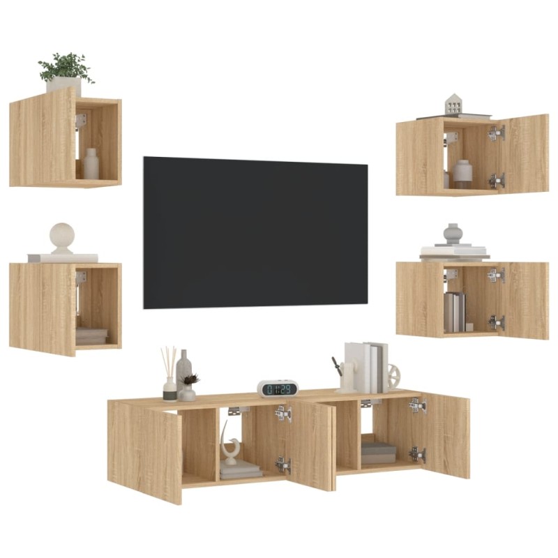 vidaXL 6-tlg. Wohnwand mit LED-Beleuchtung Sonoma-Eiche Holzwerkstoff vidaXL 6-tlg. Wohnwand mit LED-Beleuchtung Sonoma-Eiche Holzwerkstoff